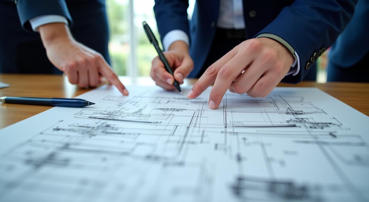 Professionisti che discutono i piani di costruzione navale in un ufficio moderno